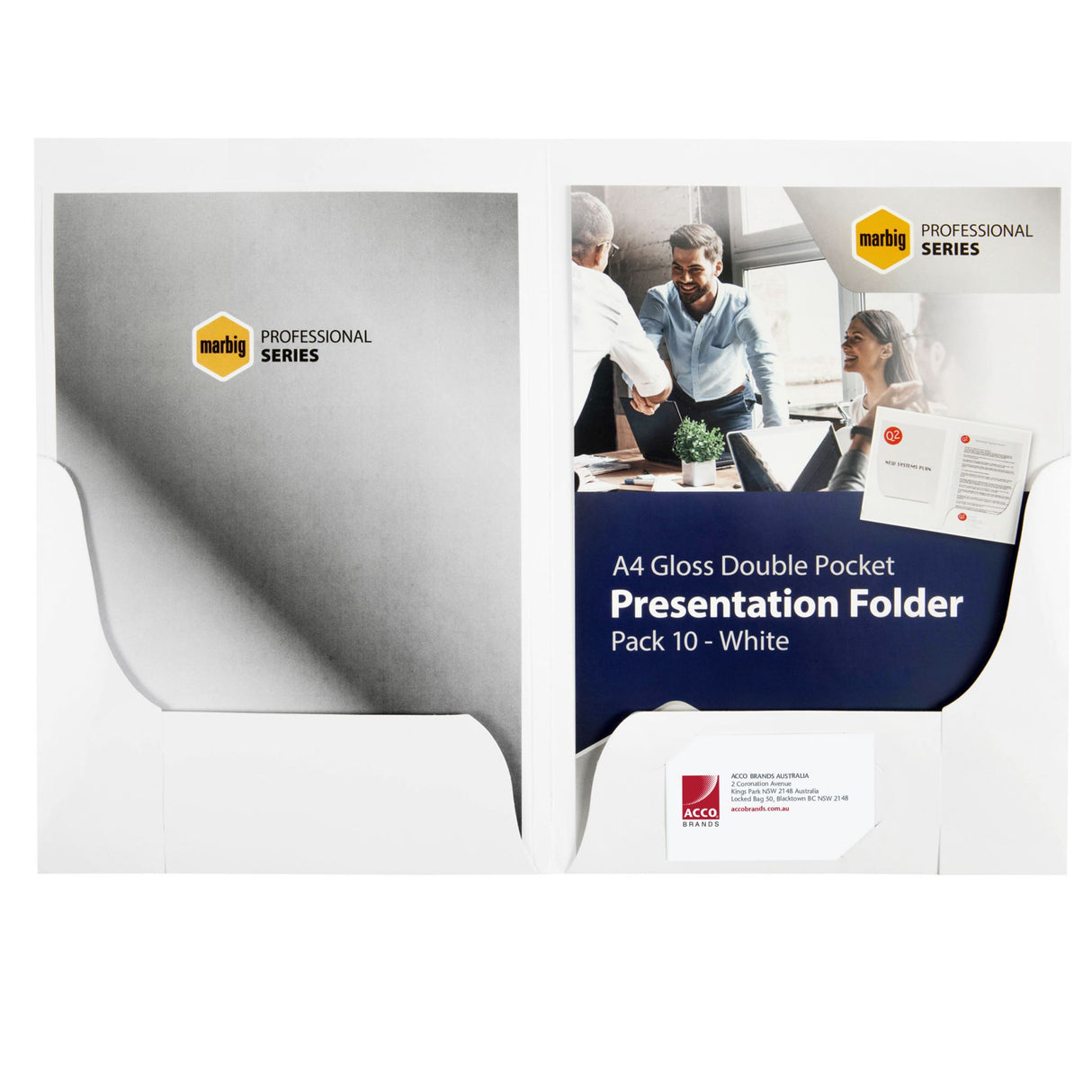 Marbig A4 gloss double pocket presentation folders in white, pack of 10, with card holder and capacity for 30 sheets.