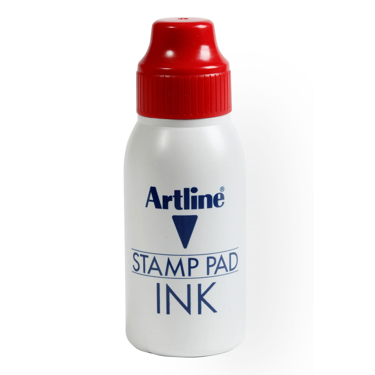 Artline Esa-2n 50cc red stamp pad ink bottle with unique valve for mess-free refilling and crisp, quick-drying impressions.