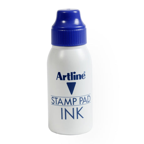 Artline Esa-2n blue stamp pad ink in a 50cc bottle, designed for mess-free refilling and vibrant impressions.