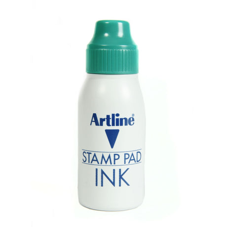 Artline Esa-2n green ink 50cc bottle designed for mess-free refilling with crisp, vibrant stamp impressions.