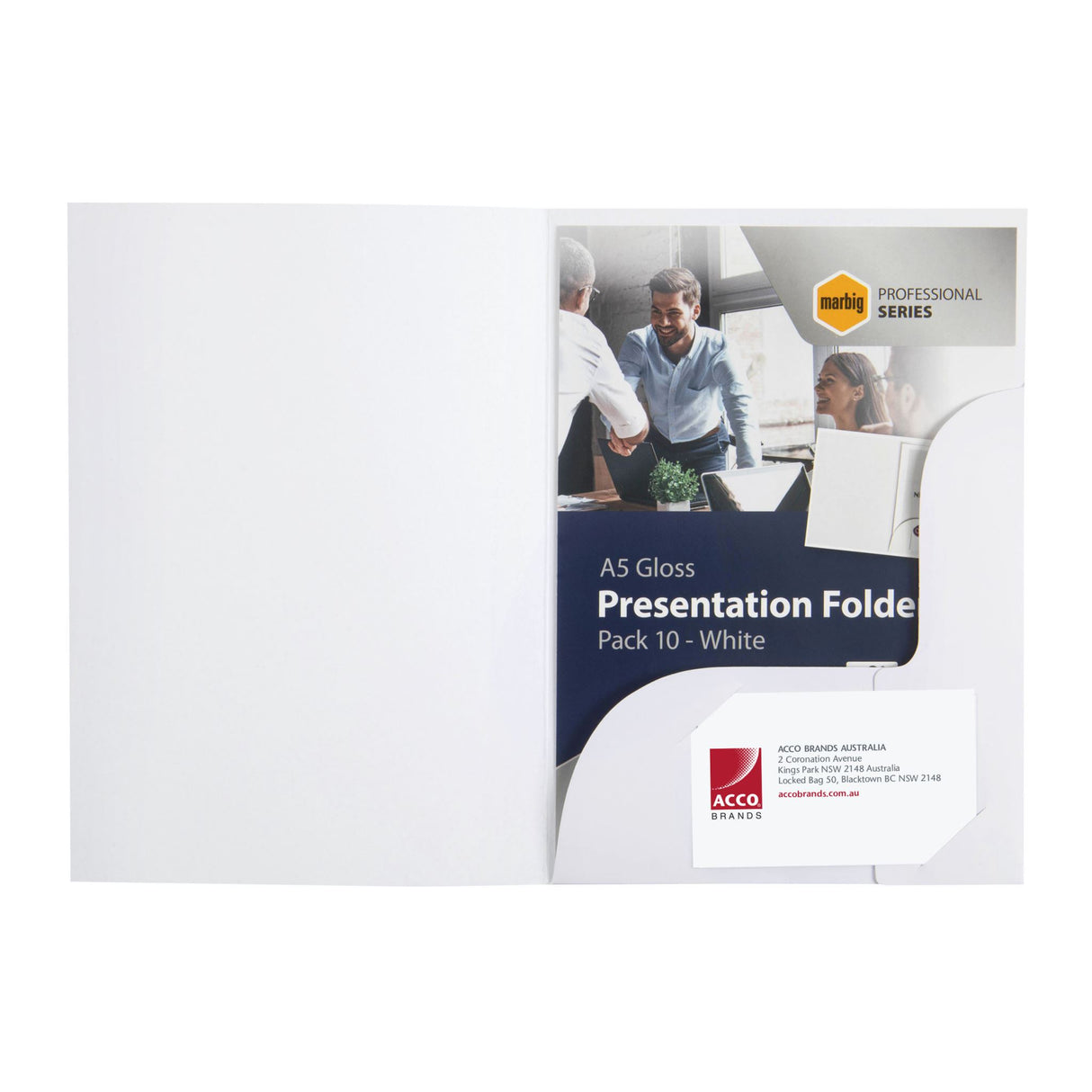 A pack of 10 Marbig A5 presentation folders in glossy white, designed to hold up to 30 sheets and feature a business card holder.
