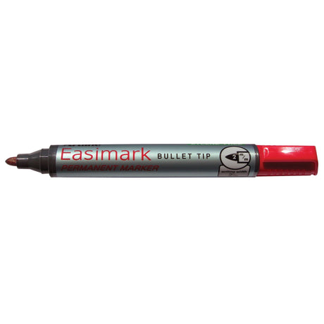 Artline 107 red permanent markers with 2mm bullet nib, ideal for various surfaces, low odour, pack of 12 units.