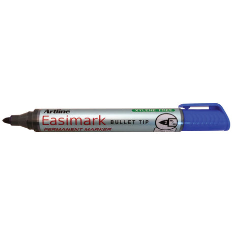 Set of 12 Artline 107 Easimark blue permanent markers with 2mm bullet nib for versatile marking on various surfaces.