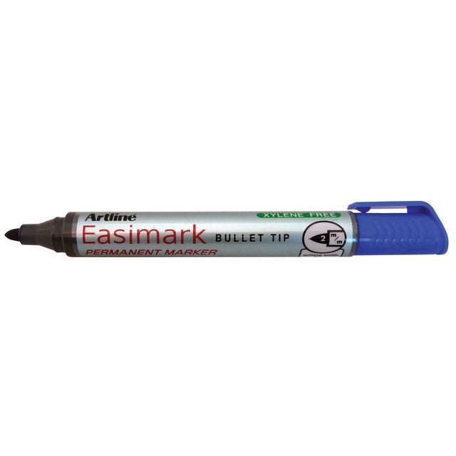 Set of 12 Artline 107 Easimark blue permanent markers with 2mm bullet nib for versatile marking on various surfaces.