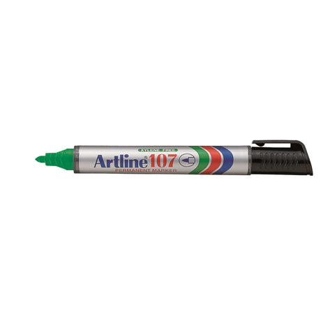 Set of 12 green Artline 107 permanent markers with 2mm bullet nib for versatile marking on various surfaces.