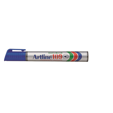 Set of 12 Artline 109 blue permanent markers with 5mm chisel nib for bold, durable markings on various surfaces.
