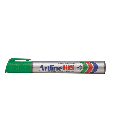 Pack of 12 Artline 109 Easimark Permanent Markers with green ink and versatile 5mm chisel nib for precise marking.