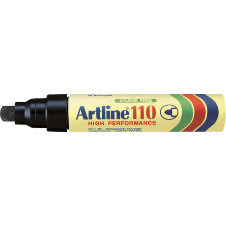 Set of 6 Artline 110 permanent markers with 4mm bullet nibs, black ink, ideal for bold marking on various surfaces.