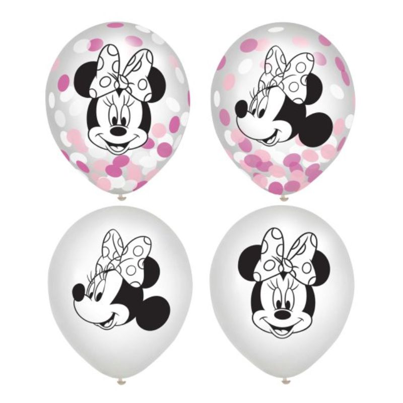Pack of 6 Minnie Mouse 30cm balloons, 3 with confetti, perfect for festive celebrations and party decor.
