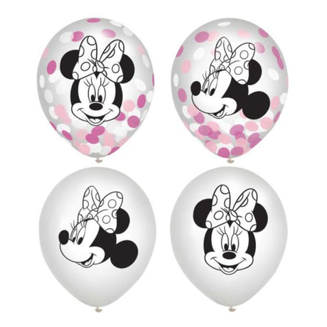 Pack of 6 Minnie Mouse 30cm balloons, 3 with confetti, perfect for festive celebrations and party decor.