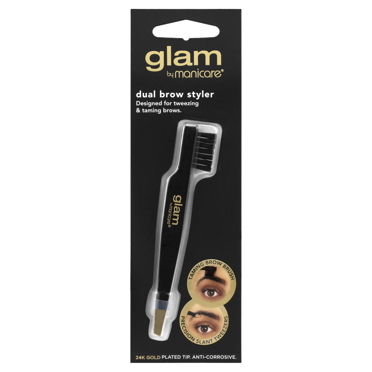 Glam by Manicare® Dual Brow Styler with 24K gold slant tweezers and cruelty-free brush for perfectly groomed brows.