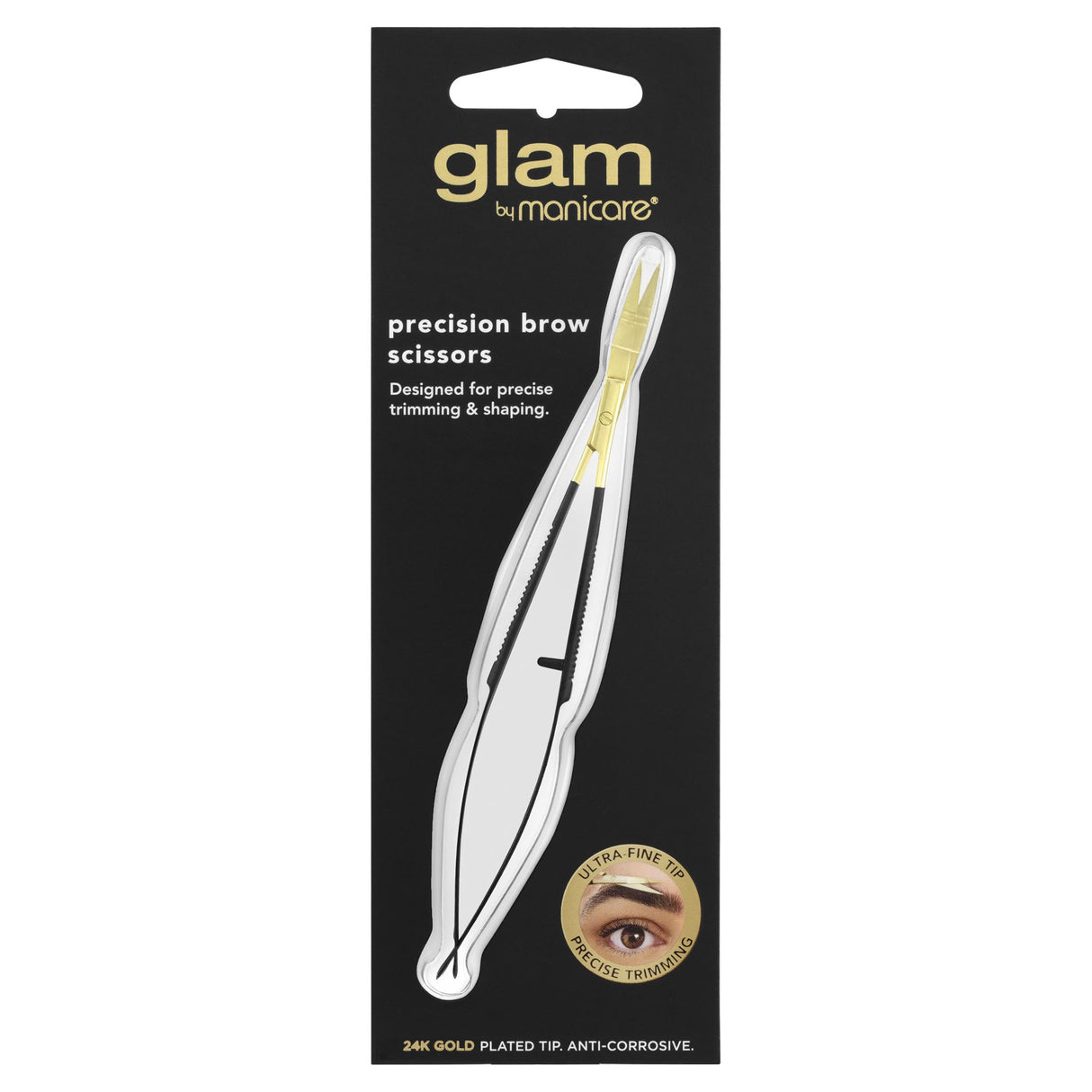 Glam by Manicare® Precision Brow Scissors feature ergonomic handles and ultra-thin blades for perfect eyebrow shaping.