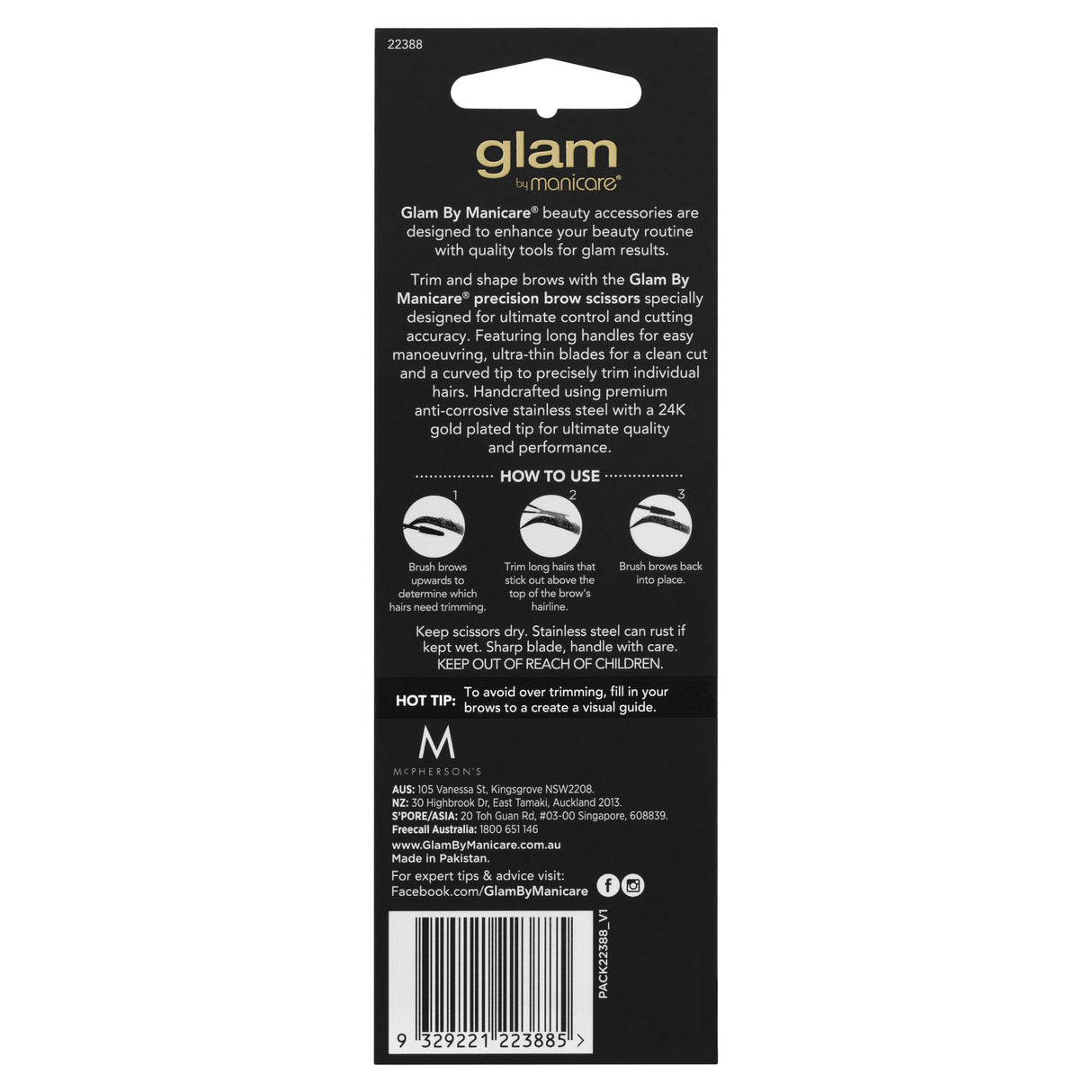Glam by Manicare® Precision Brow Scissors with ergonomic handles, ultra-thin blades, & 24K gold plated tip for precise brow shaping.