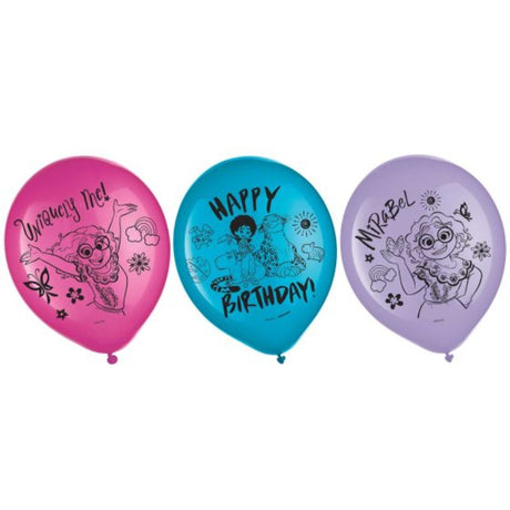 Set of 6 vibrant Encanto 30cm latex balloons, perfect for colorful party decor and festive celebrations.