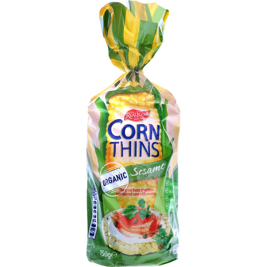 Real Foods Corn Thins Crispbread Sesame Organic Bag 150g