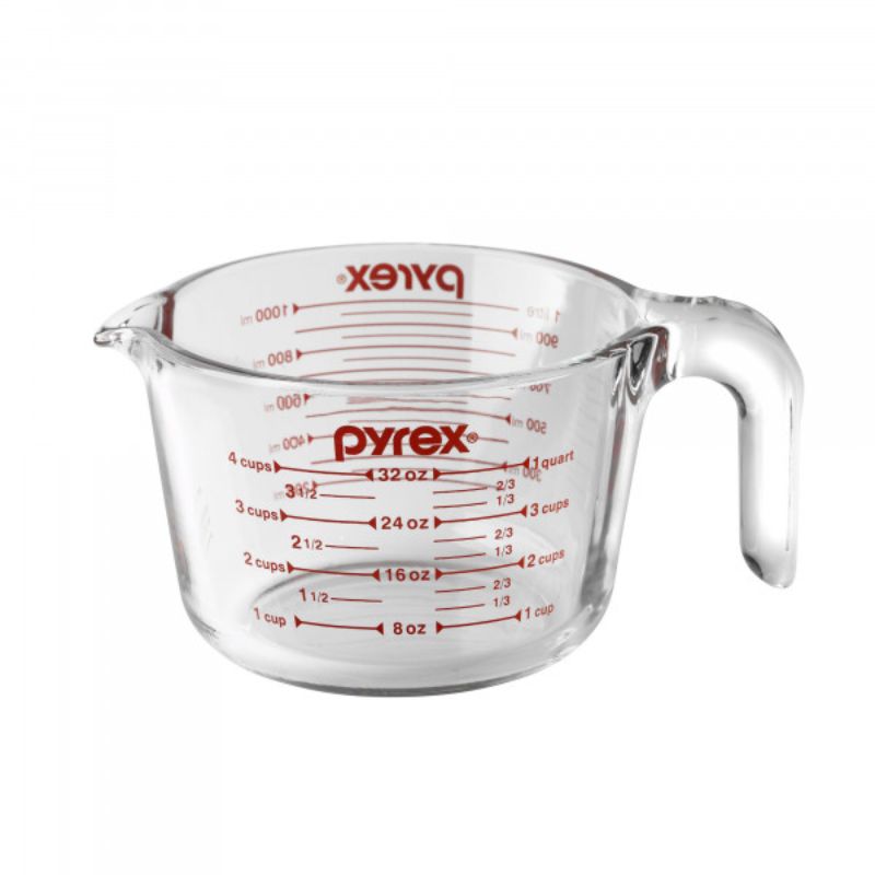 Pyrex 4 Cup Measuring Jug, 1L, borosilicate glass, clear red markings, ergonomic handle, microwave and dishwasher safe.
