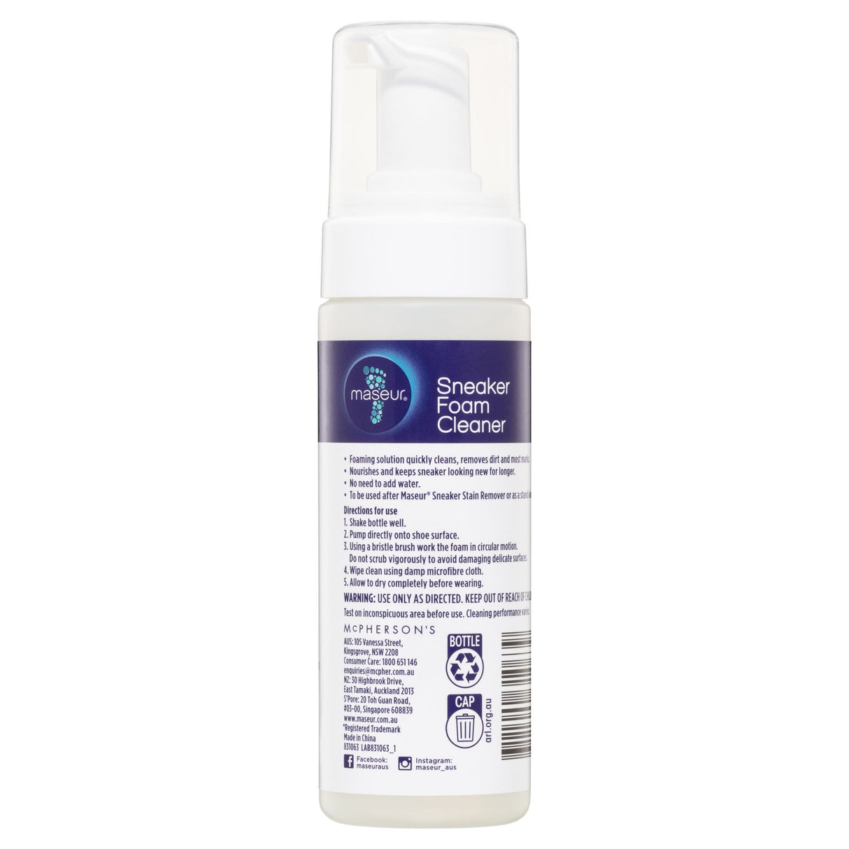 Maseur Footcare Sneaker Foam Cleaner 150mL: effective, waterless foam cleaner for sneakers, removes stains and revitalizes footwear.