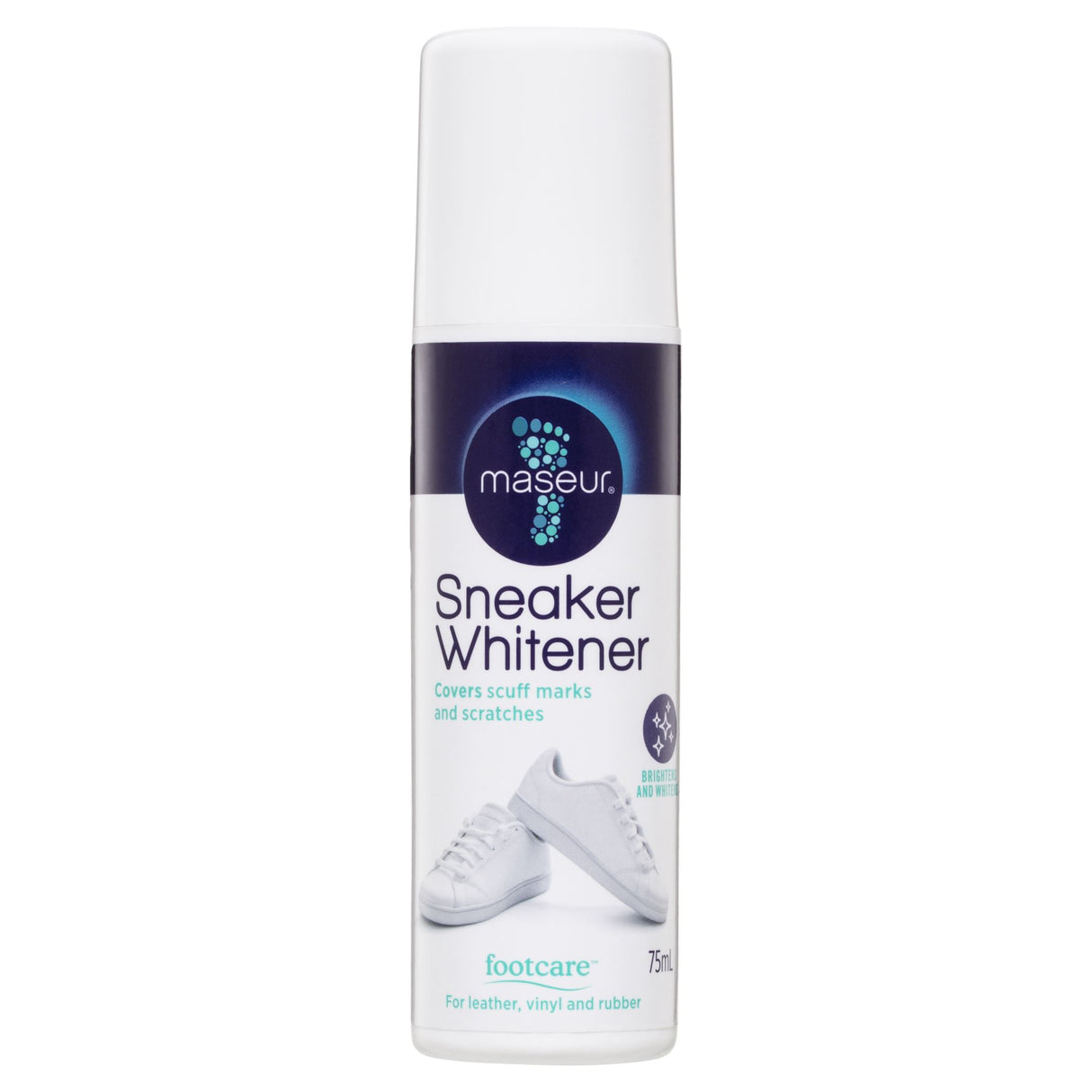 Maseur Footcare Sneaker Whitener 75mL revitalizes stained sneakers, covering scuffs with a convenient sponge applicator.