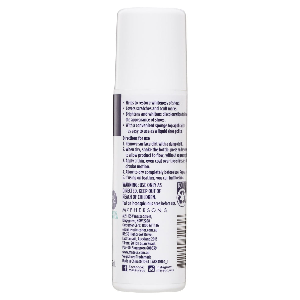 Maseur Footcare Sneaker Whitener 75mL, a sponge applicator for restoring sneaker whiteness and covering scuffs.
