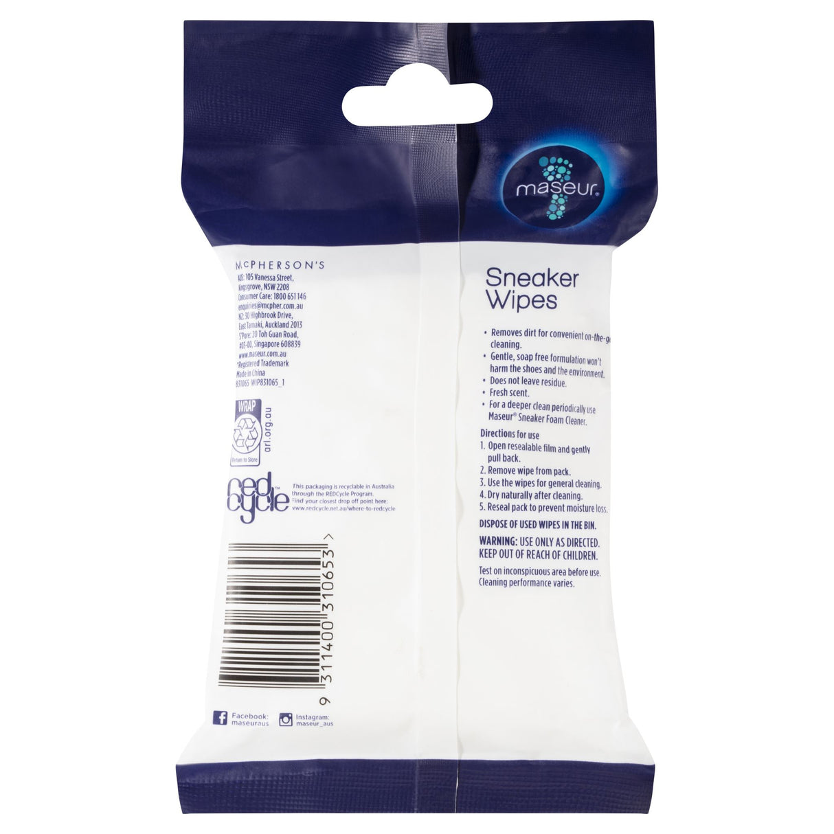 Maseur Footcare Sneaker Wipes pack, perfect for on-the-go cleaning, gently removes dirt with a fresh scent and no residue.