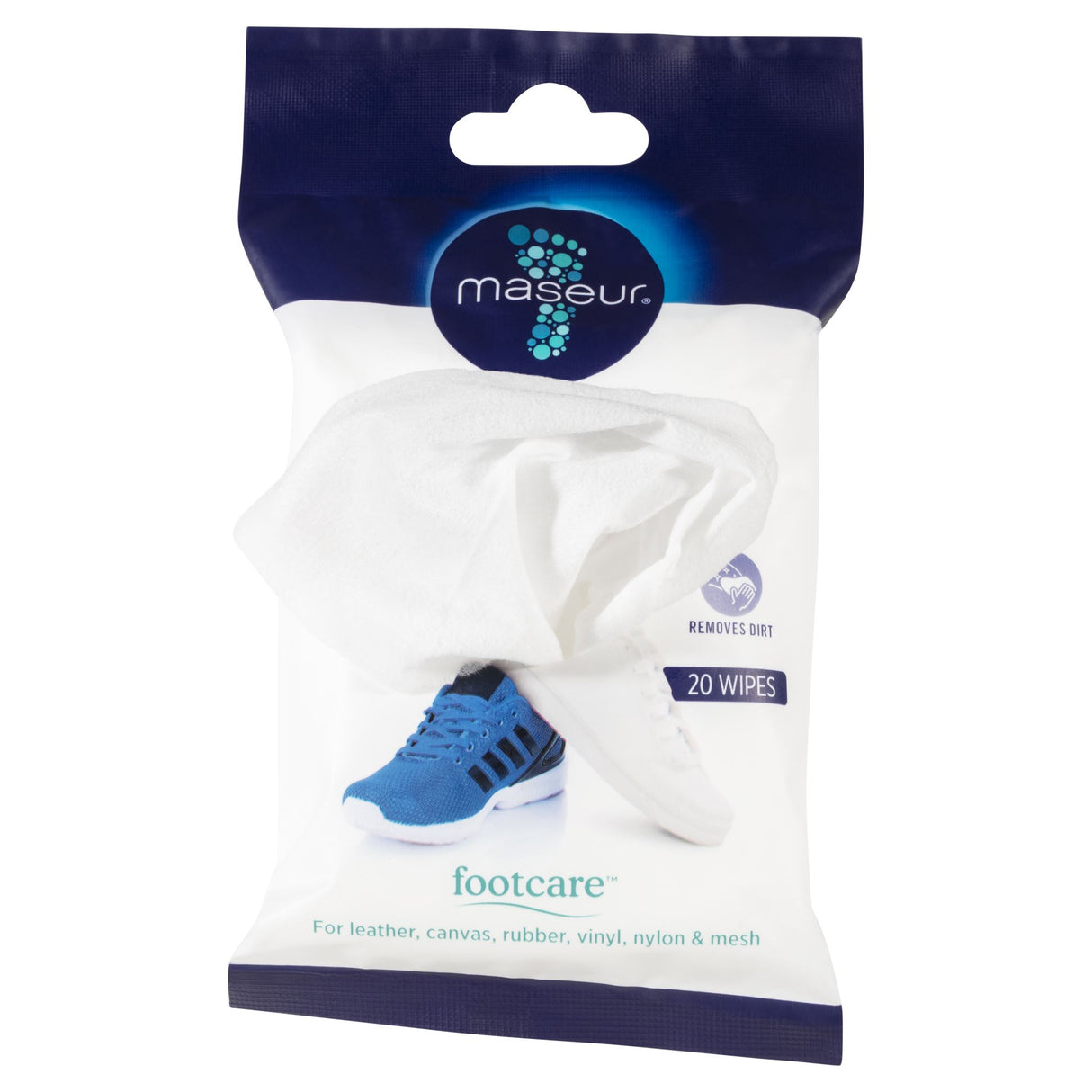 Maseur Footcare Sneaker Wipes in a 20 pack, ideal for convenient, soap-free sneaker cleaning with a refreshing scent.