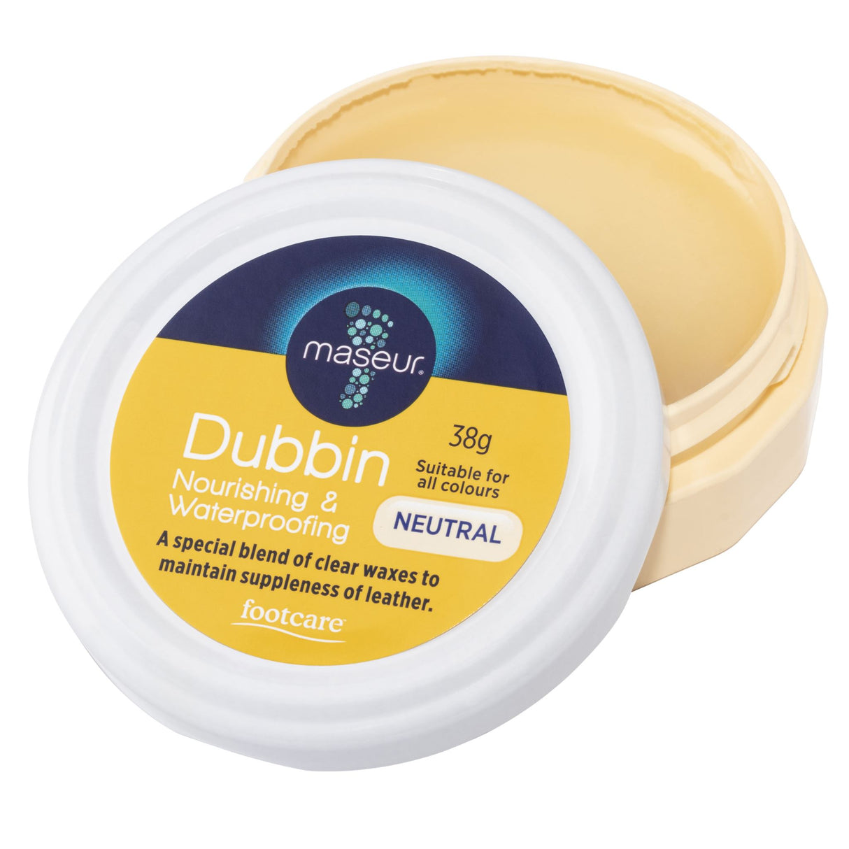 Nourishing and waterproof shoe polish for leather, enhancing shine and protecting against moisture, 38g by Maseur.