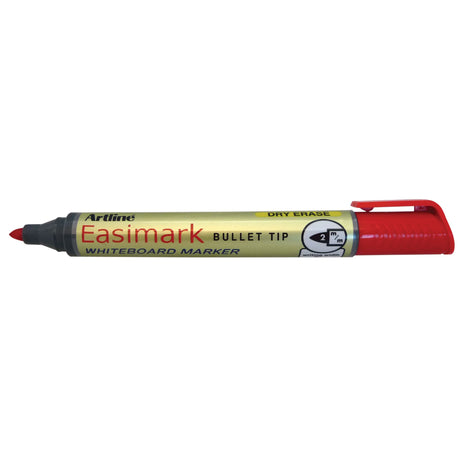 Pack of 12 Artline 157 Easimark Red Whiteboard Markers with 2mm bullet nib for bold, vivid writing on various surfaces.