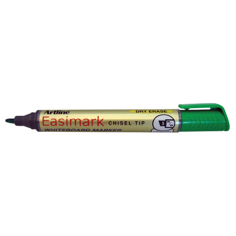 Vibrant green Artline 159 Easimark whiteboard markers in a box of 12, featuring a 5mm chisel nib for versatile writing styles.