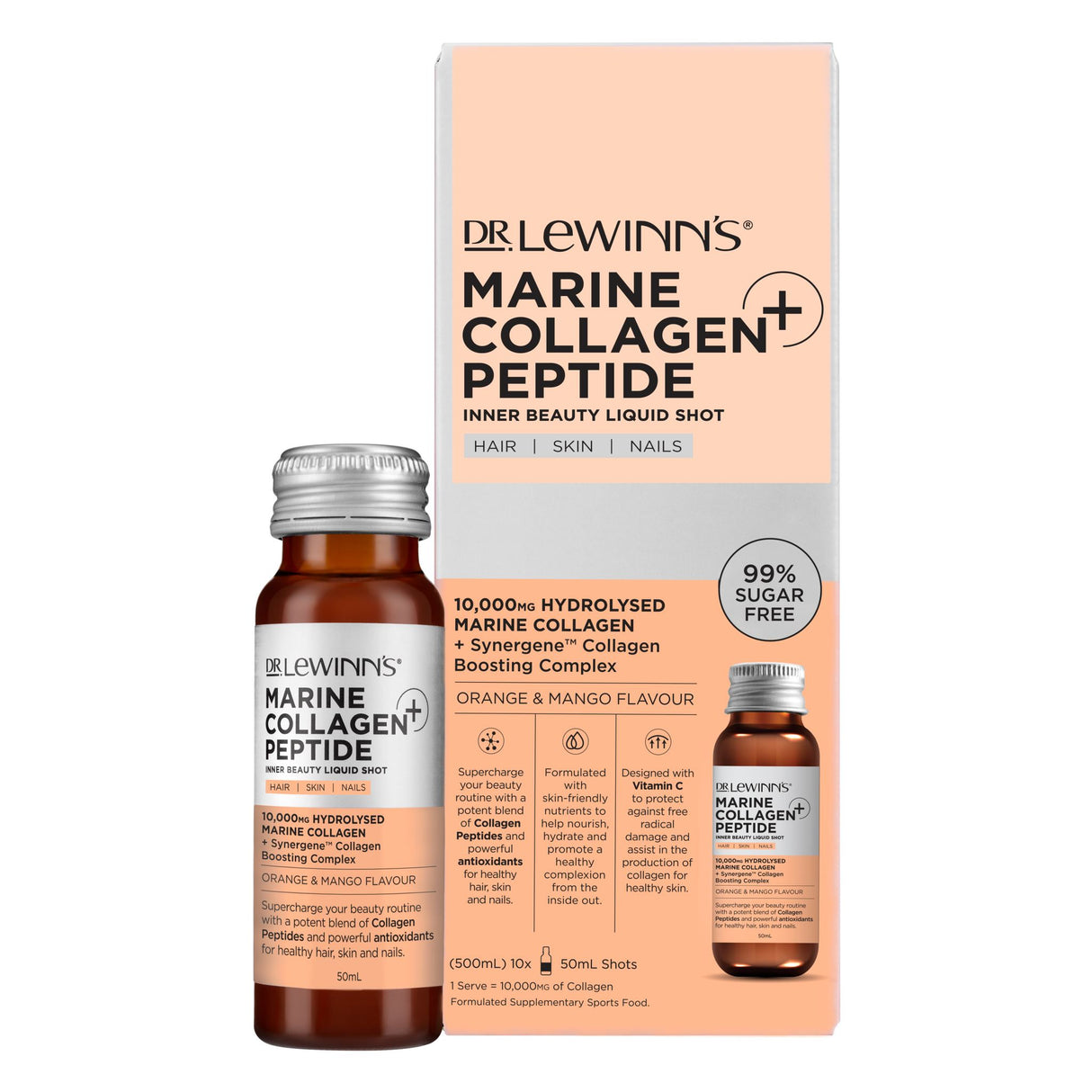 Dr. LeWinn's Marine Collagen Peptide Liquid Shot, 10,000mg collagen for skin hydration, in delicious orange & mango flavor.