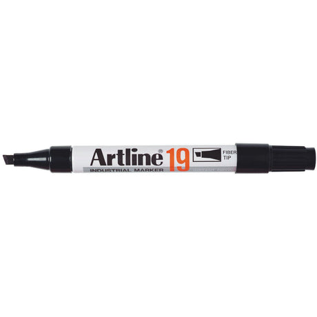 Pack of 12 Artline 19 black permanent markers with 5mm chisel nib for versatile, durable marking on various surfaces.
