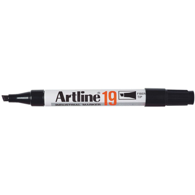 Pack of 12 Artline 19 black permanent markers with 5mm chisel nib for versatile, durable marking on various surfaces.