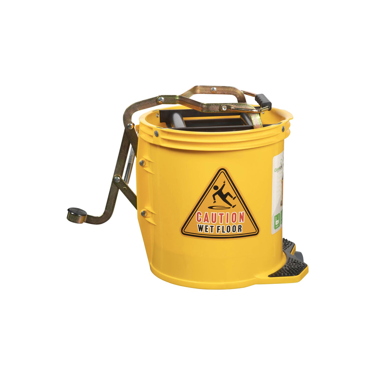 Cleanlink Heavy Duty Mop Bucket with Metal Wringer, 16L, yellow plastic, non-slip pedal, ideal for industrial and home use.