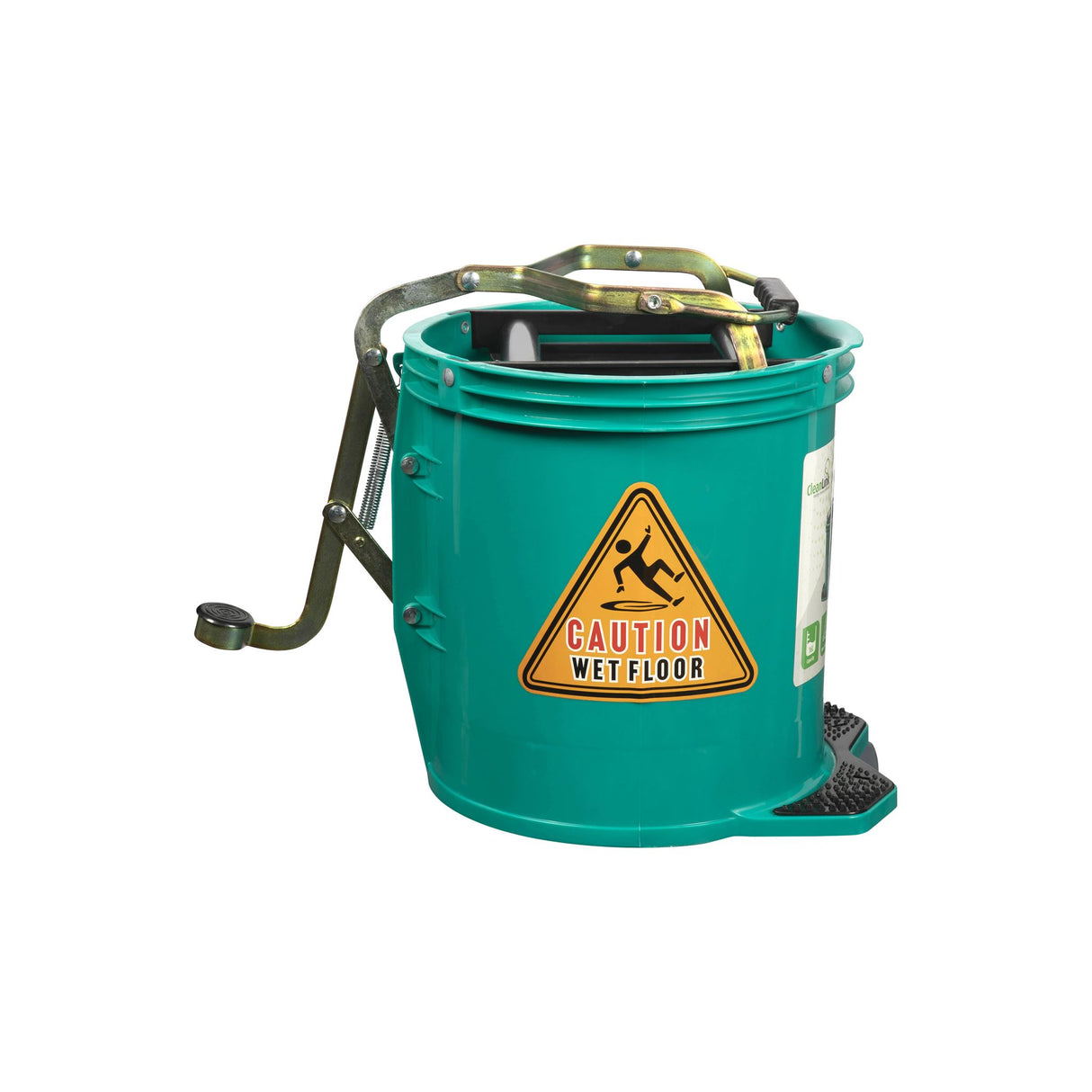 Cleanlink 16L green heavy-duty mop bucket with metal wringer, non-slip pedal, and smooth-rolling castors for easy cleaning.