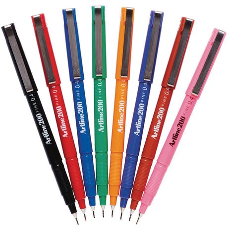 Artline 200 Fineliner Pen set with 0.4mm tips in 12 vibrant colors, perfect for precise writing and detailed art projects.