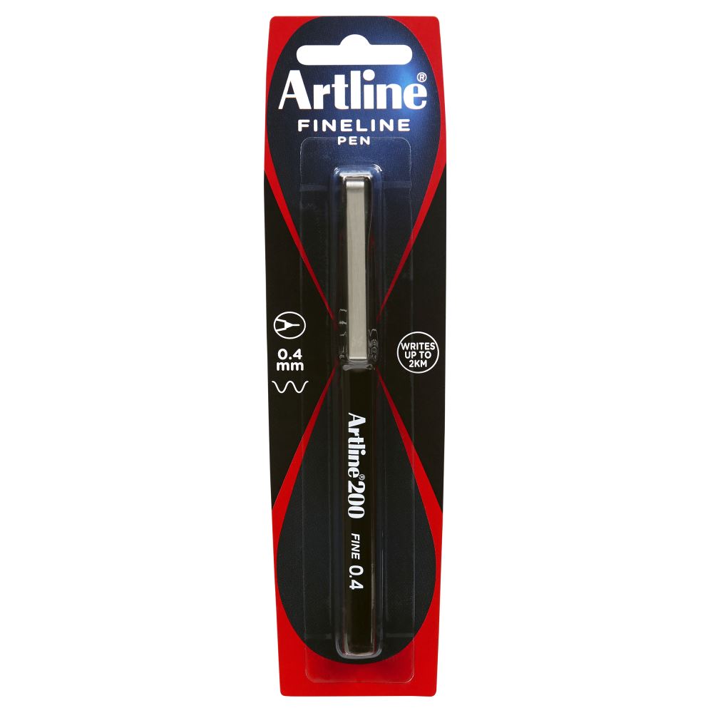 Artline 200 Fineliner Pen with 0.4mm nib for precise writing and drawing, featuring instant-drying, non-bleeding black ink.