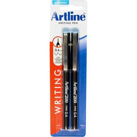 Artline 200 Fineliner Pen set in black, featuring 0.4mm tips for precision writing and detailed drawing, 2 pens packaged.