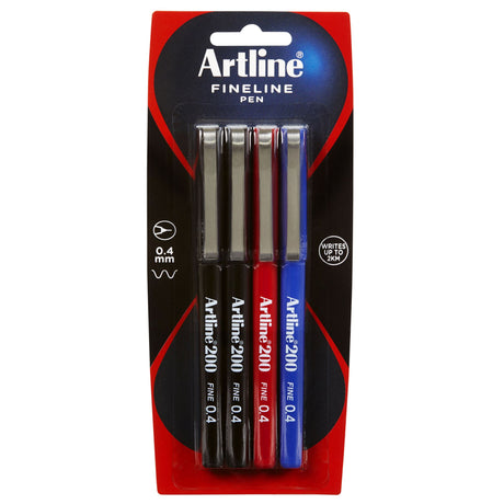 Artline 200 Fineliner Pen set, 4 assorted colors, 0.4mm tips, ideal for precise writing and drawings without bleeding.