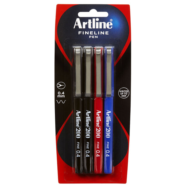 Artline 200 Fineliner Pen set, 4 assorted colors, 0.4mm tips, ideal for precise writing and drawings without bleeding.