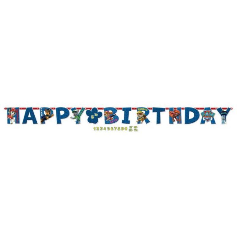 Vibrant Paw Patrol Jumbo Add-An-Age Letter Banner, customizable with age and suffixes for birthday celebrations.