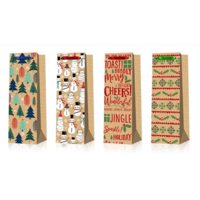 Christmas Kraft Paper Wine Bags 12x36x9cm #9054 - Pack of 12