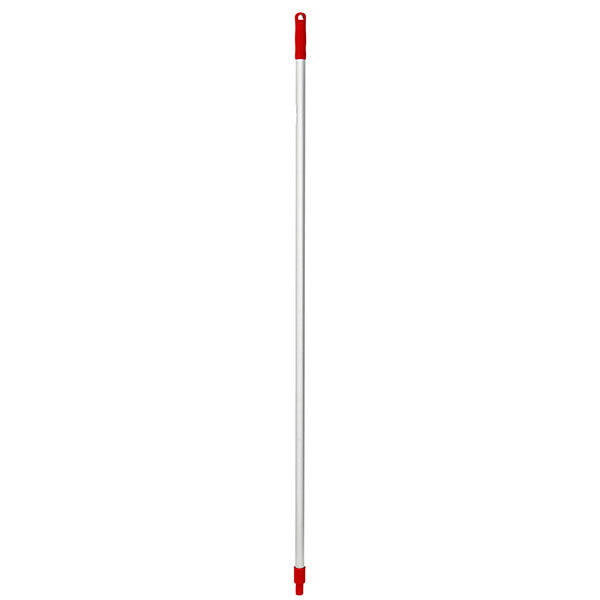 Red ergonomic mop handle designed for comfort and versatility, fitting various mop heads for effective cleaning.