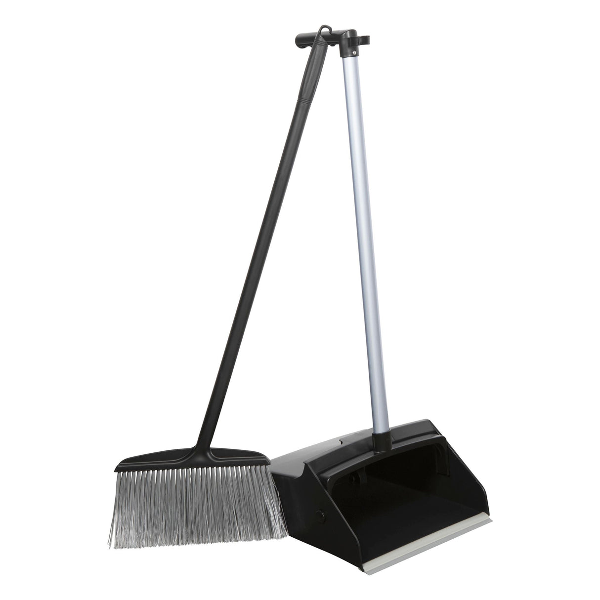 Cleanlink Lobby Pan Set in Black and Grey with angled broom, flat lip, and integrated wheels for efficient cleaning.