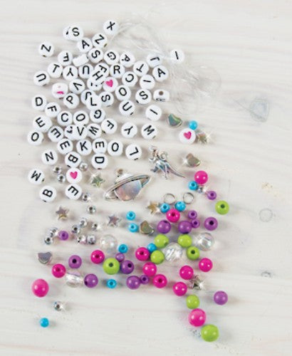 DIY bracelet kit for kids with alphabet beads, charms, and elastic cord for creative, personalized jewelry making.