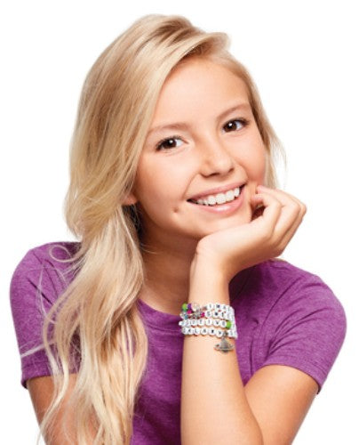 DIY bracelet kit for kids with alphabet beads, charms, elastic cord, and design guide for creating unique jewelry.