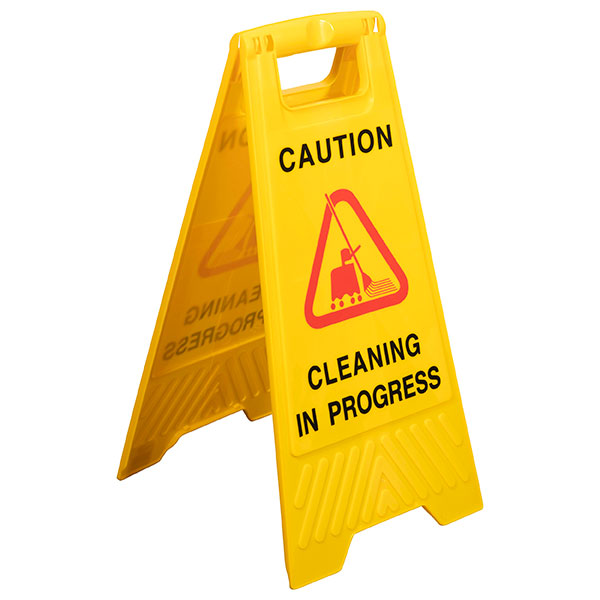 Yellow 'Cleaning in Progress' safety sign to alert and protect against slips in facilities during cleaning activities.