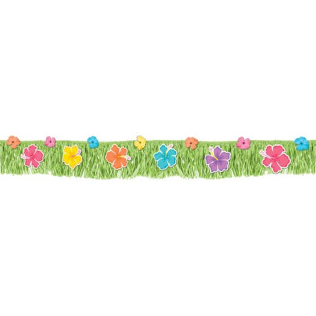 Vibrant Summer Hibiscus fringed banner for tropical-themed parties, measuring 23cm x 178cm, perfect for festive decor.