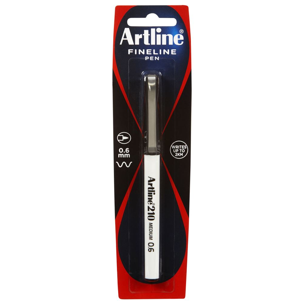 Artline 210 Fineliner Pen with 0.6mm tip in black, ideal for precise writing and drawing on various paper types.