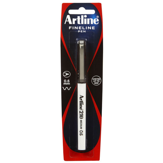 Artline 210 Fineliner Pen with 0.6mm tip in black, ideal for precise writing and drawing on various paper types.