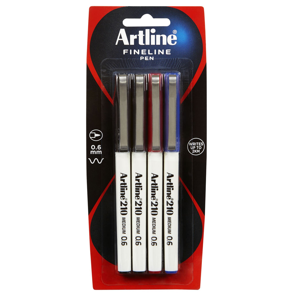 Artline 210 Fineliner Pen set with 4 assorted colors, 0.6mm tip for bold writing and precise drawings.
