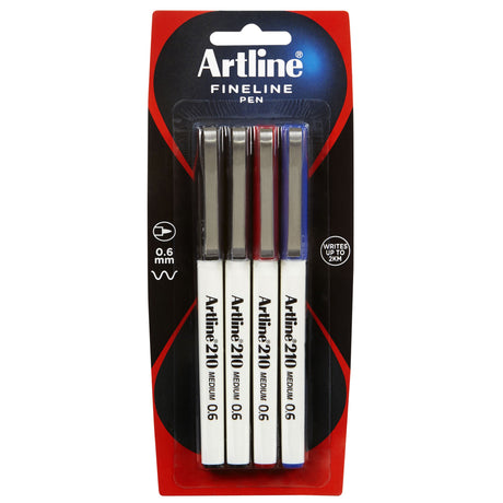 Artline 210 Fineliner Pen set with 4 assorted colors, 0.6mm tip for bold writing and precise drawings.